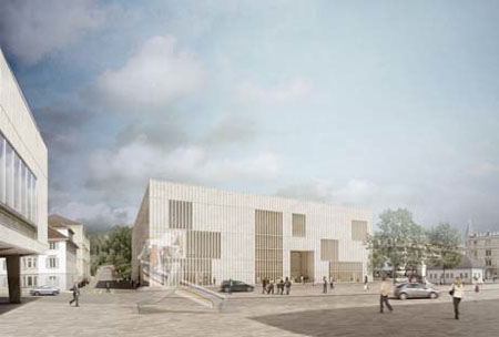 Vue sur la Heimplatz à partir du Kunsthaus existant, avec façade à entrée principale et Kantonsschulstrasse, de jour. Voies de circulation inchangées. Rendu à titre indicatif (état 2009) maquette